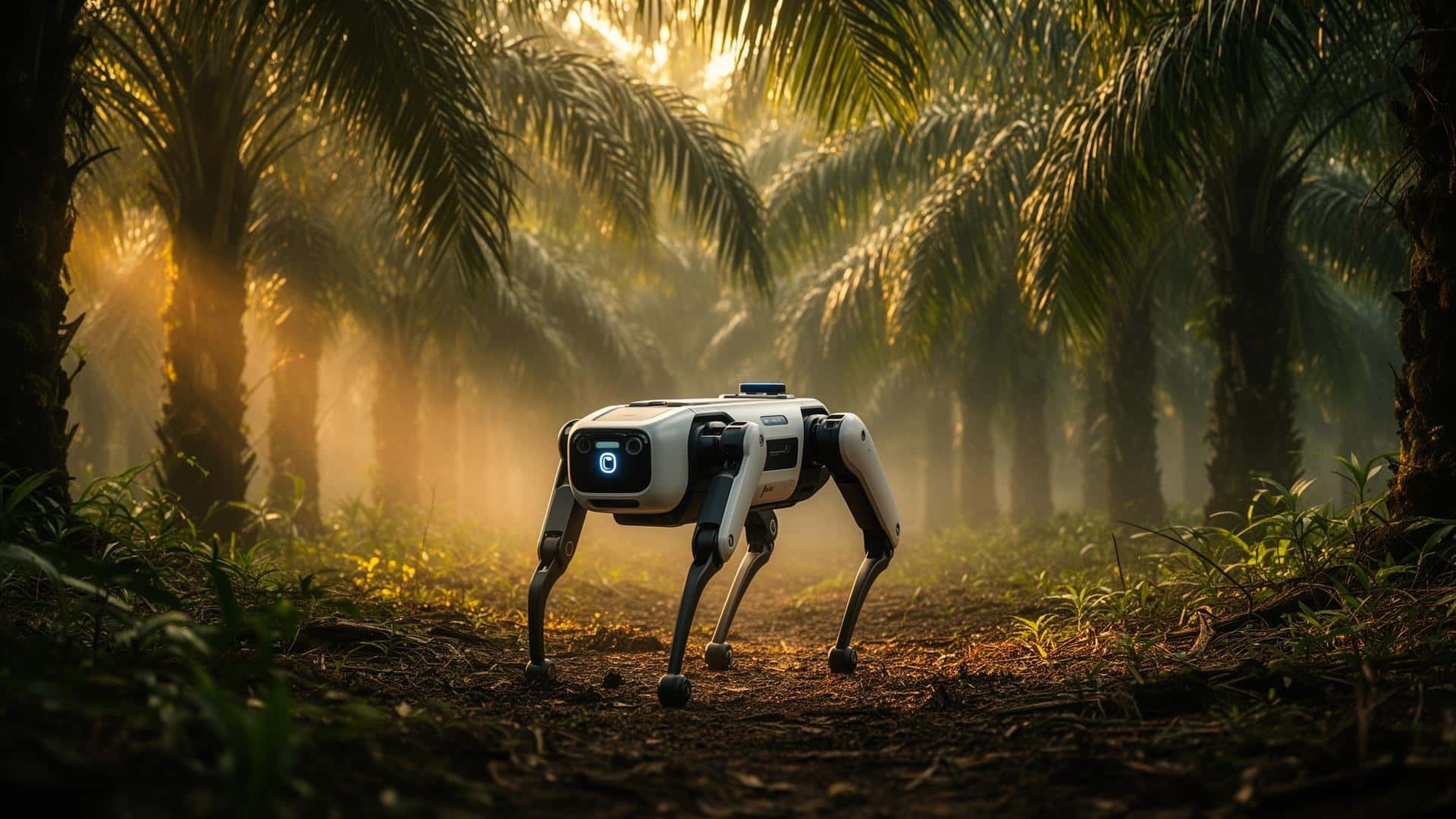 Autonomous robot navigating a plantation at dusk